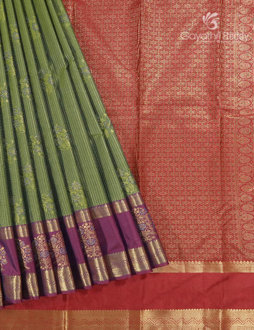 Semi Kanchipuram Silk Saree in Parrot Green and Red