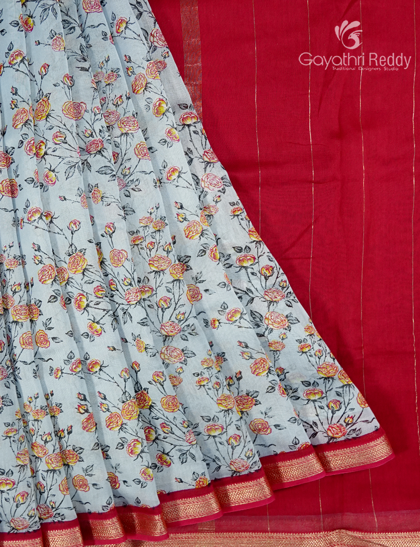 Pure Maheshwari Silk Saree in Silver Grey and Deep Pink