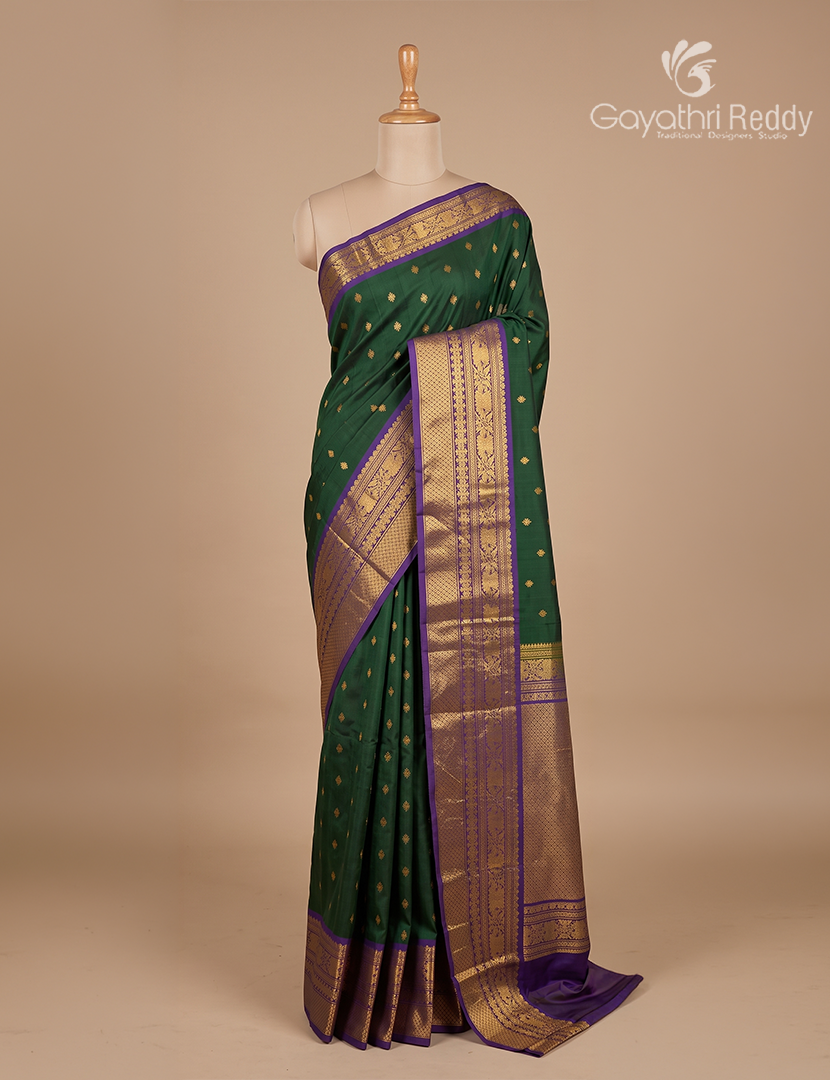 Pure Gadwal Silk Saree in Deep Bottle Green and Deep Violet