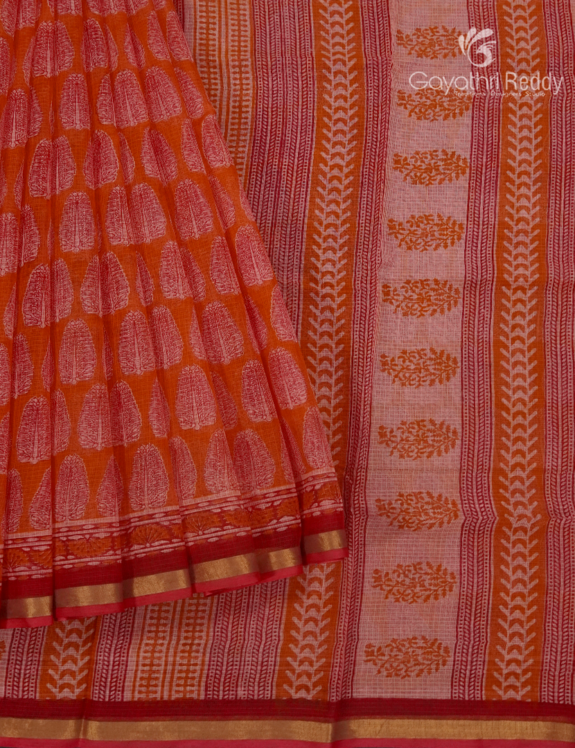 Premium Quality Cotton Kota Saree in Orange and Baby Pink