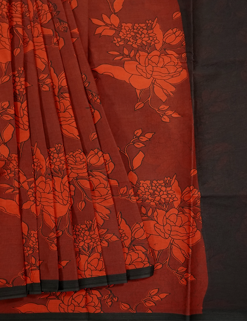 Pure MulMul Cotton Saree in Deep Rust and Black