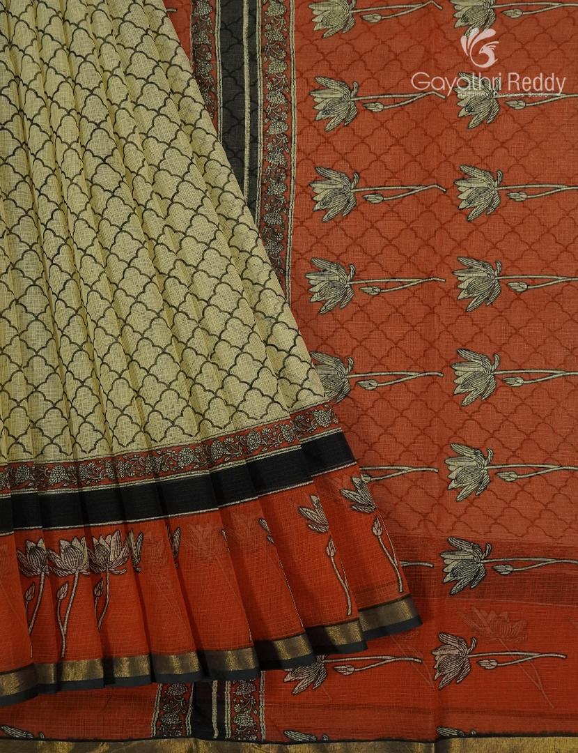 Premium Quality Cotton Kota Saree in Beige and Rust Orange