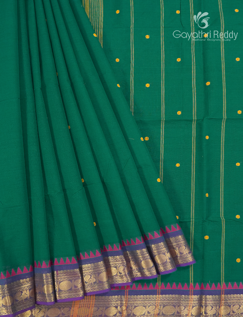 Pure Handloom Cotton Saree in Deep Rama Green