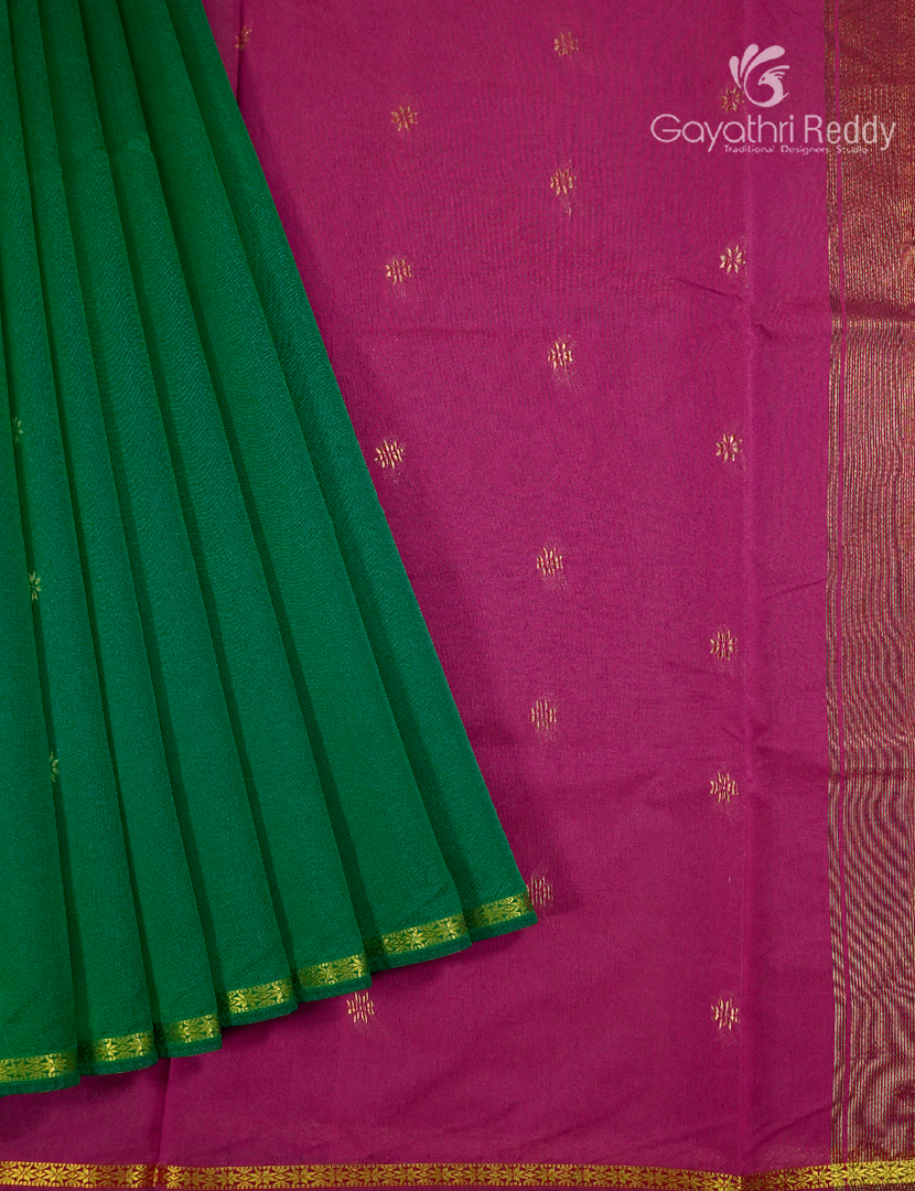 Silk Cotton Saree in Rama Green and Rani Pink