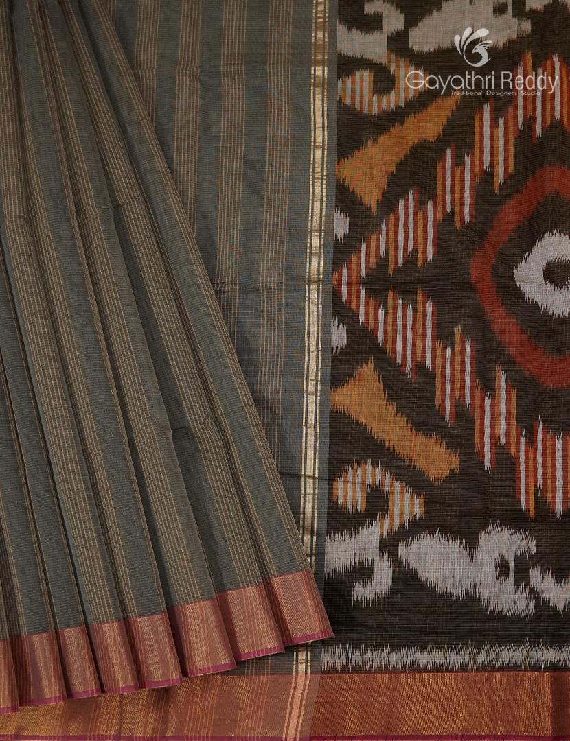 Semi Ikat Sico Saree in Olive Grey
