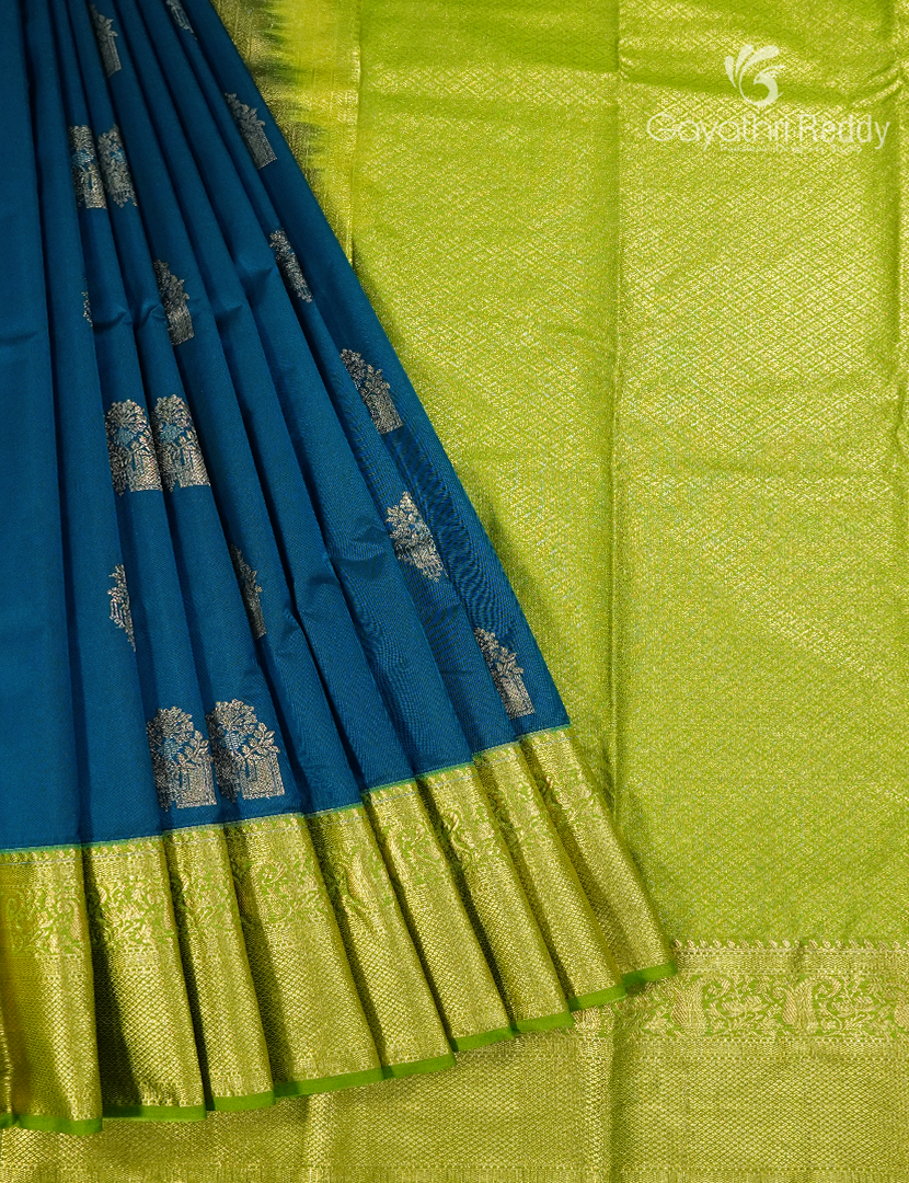 Semi Kanchipuram Silk Saree in Deep Peacock Blue and Parrot Green