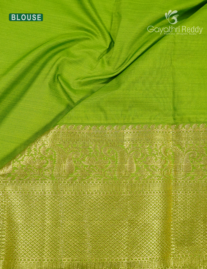 Semi Kanchipuram Silk Saree in Deep Peacock Blue and Parrot Green