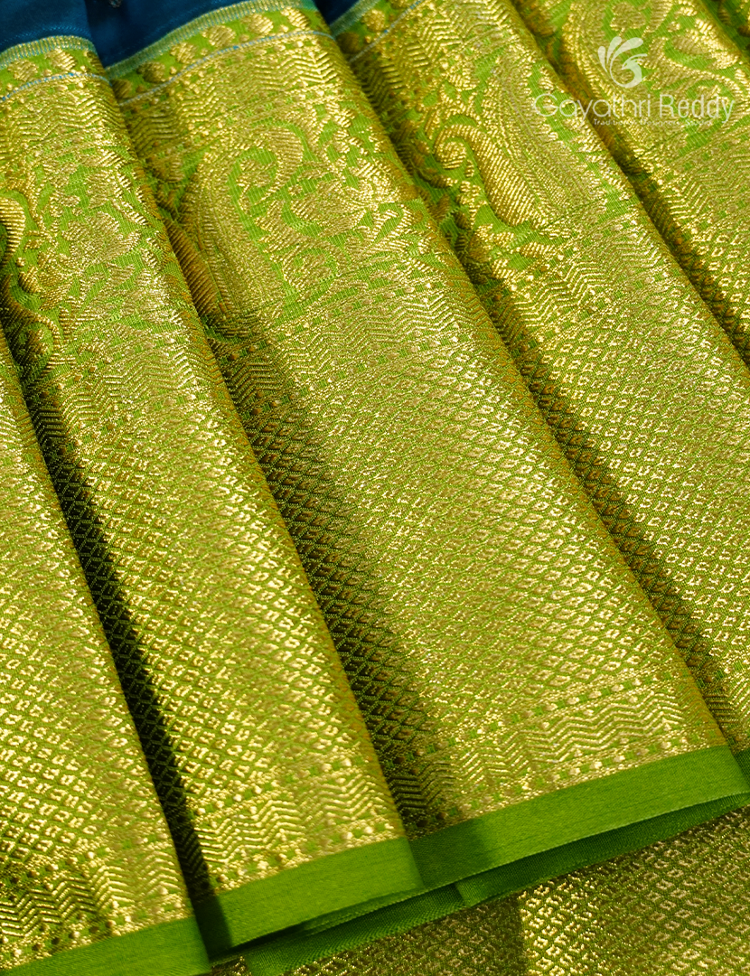 Semi Kanchipuram Silk Saree in Deep Peacock Blue and Parrot Green