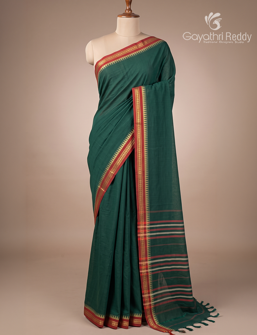 Pure Narayanpet Cotton Saree in Bottle Green