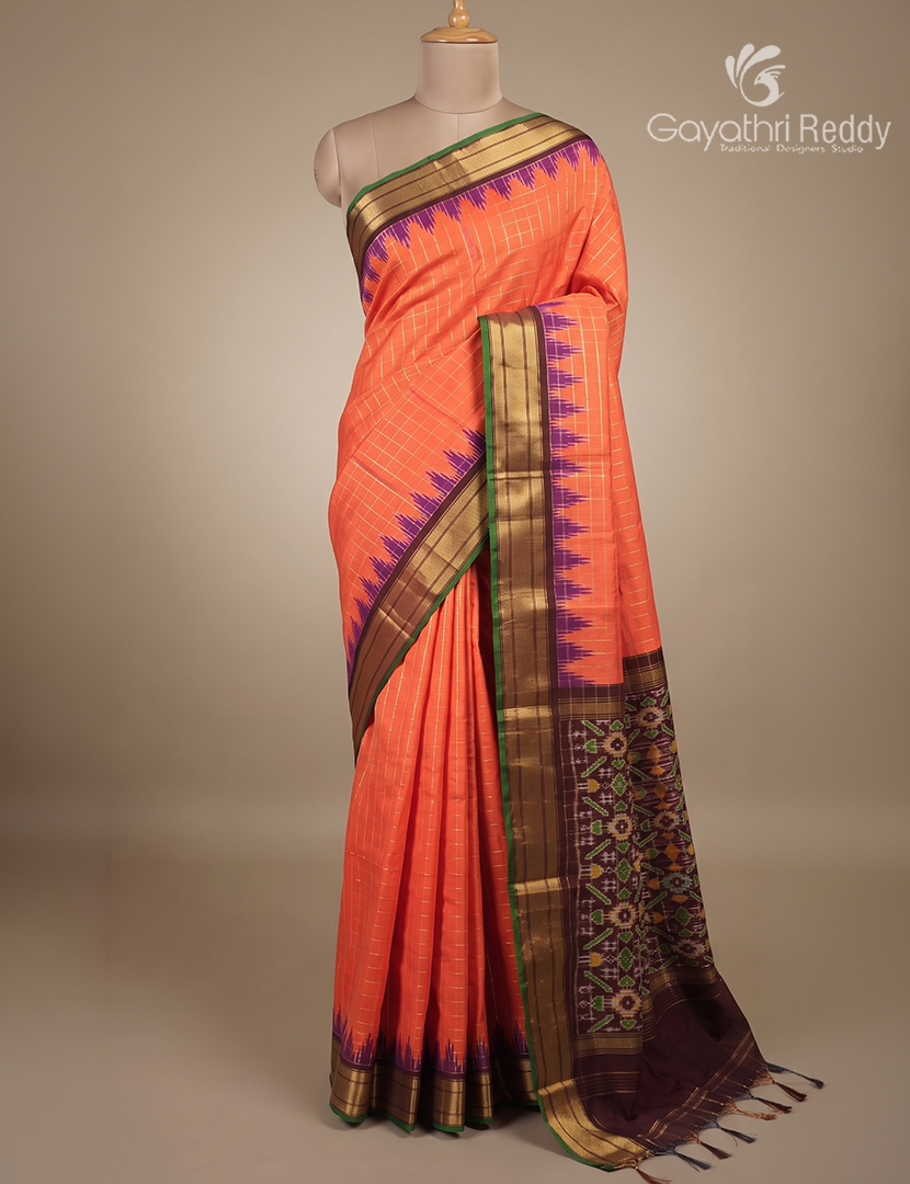 Pure Ikat Silk Saree in Peachish Orange and Brown