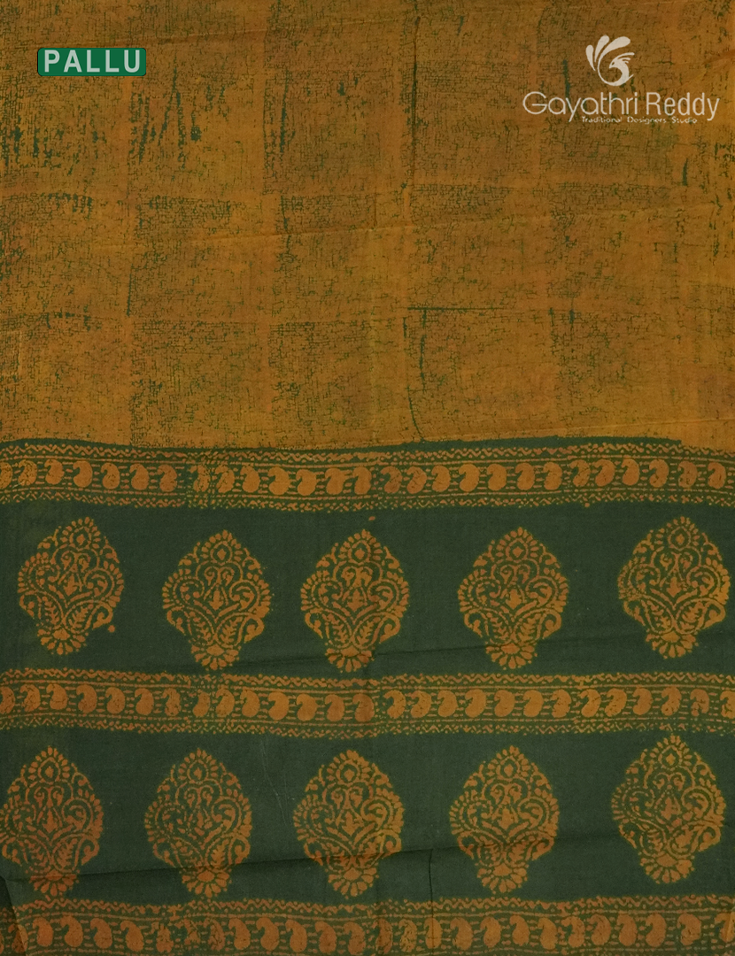 Cotton Batik Print Saree in Mango Green and Mustard
