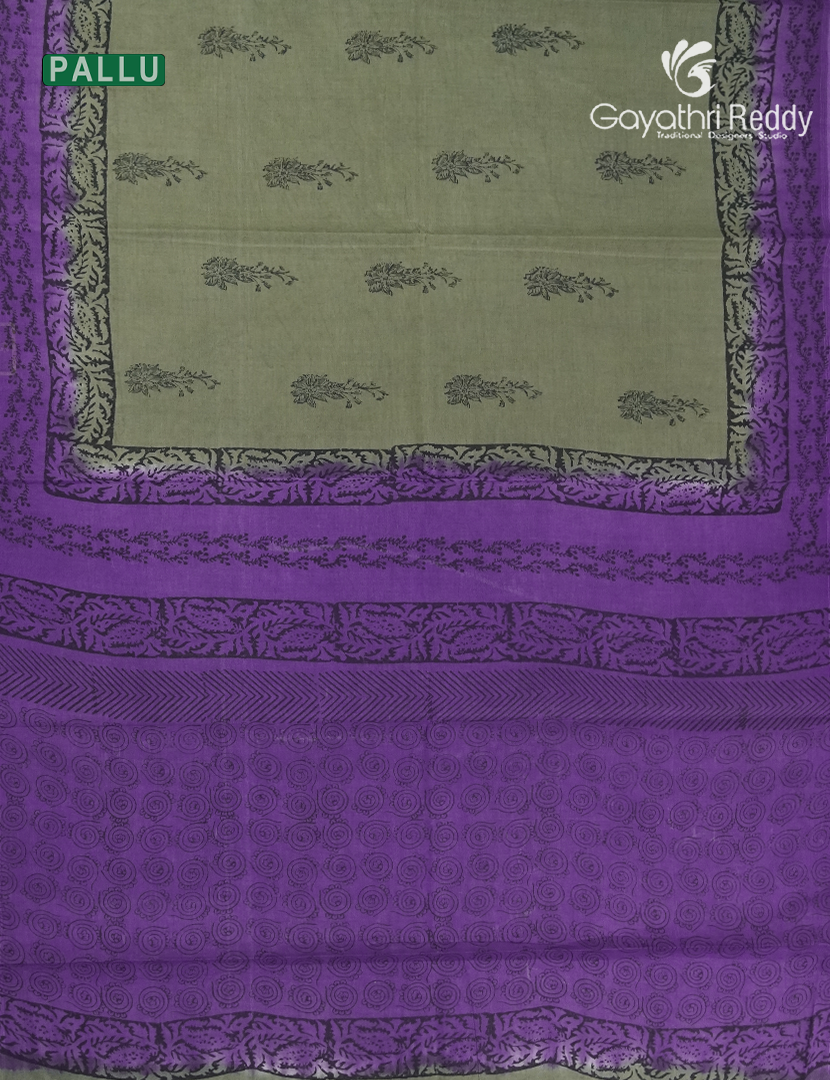 Block Print Cotton Saree in Olive Grey and Purple