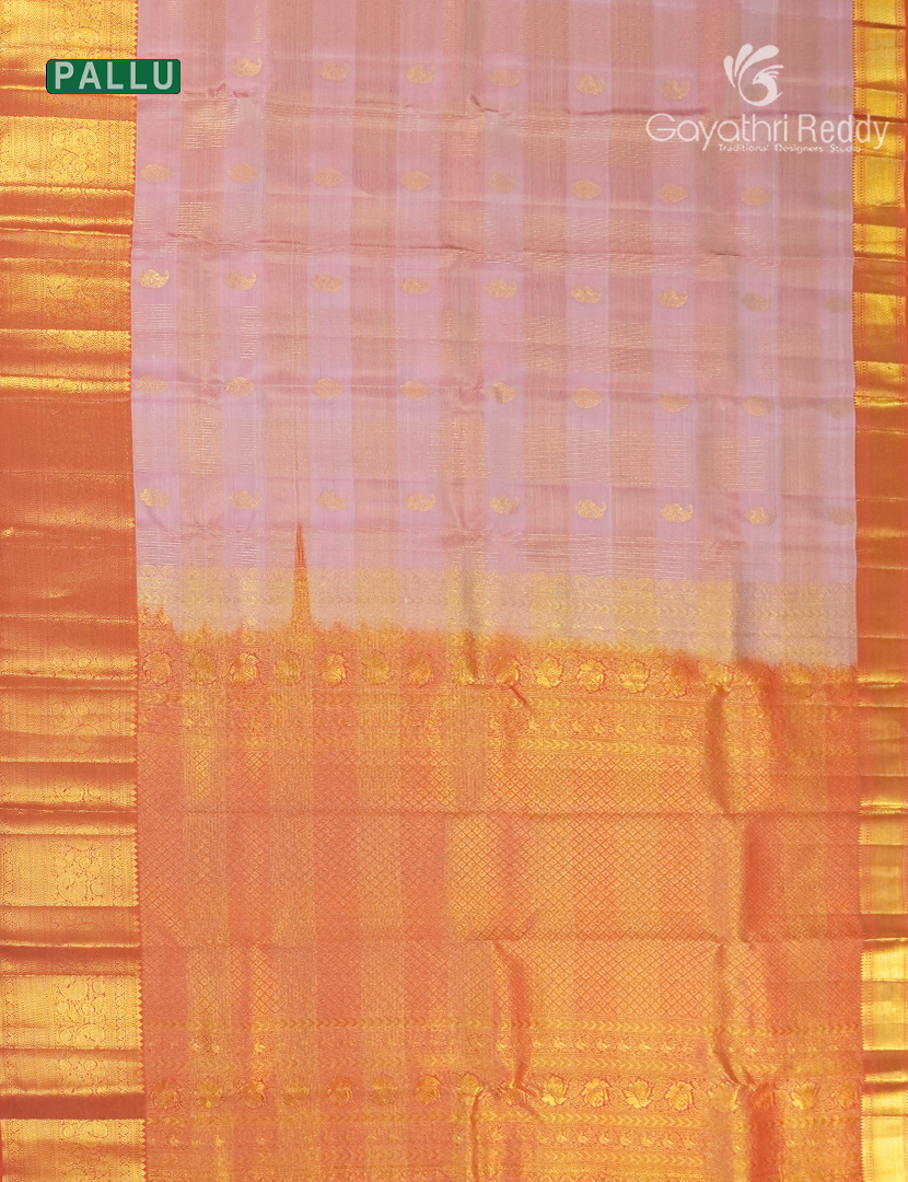Pure Kanchipuram Silk Vintage Saree in Baby Pink  and Orange