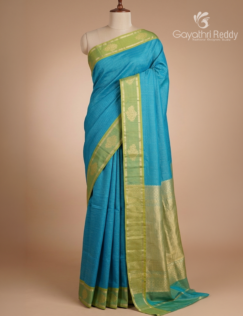 Kanchipuram Sico Saree in Teal Blue and Sea Green