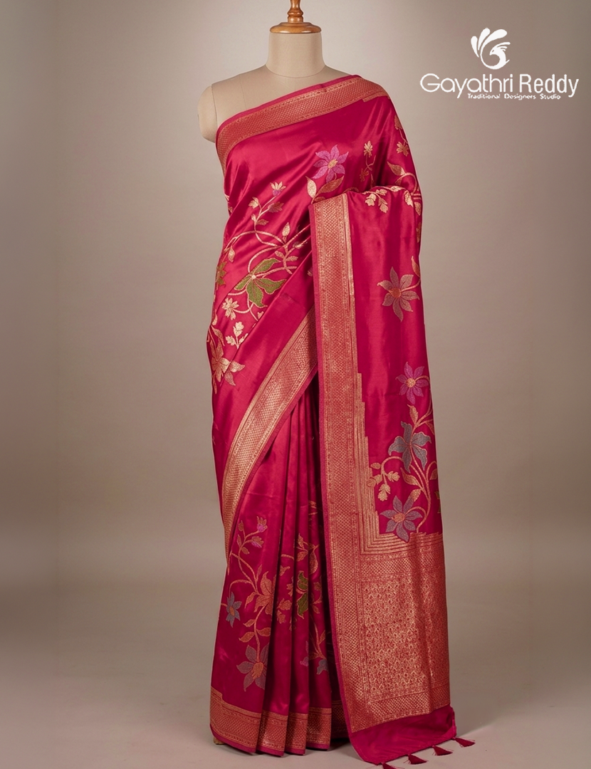 Pure Satin Silk Saree in Rani Pink