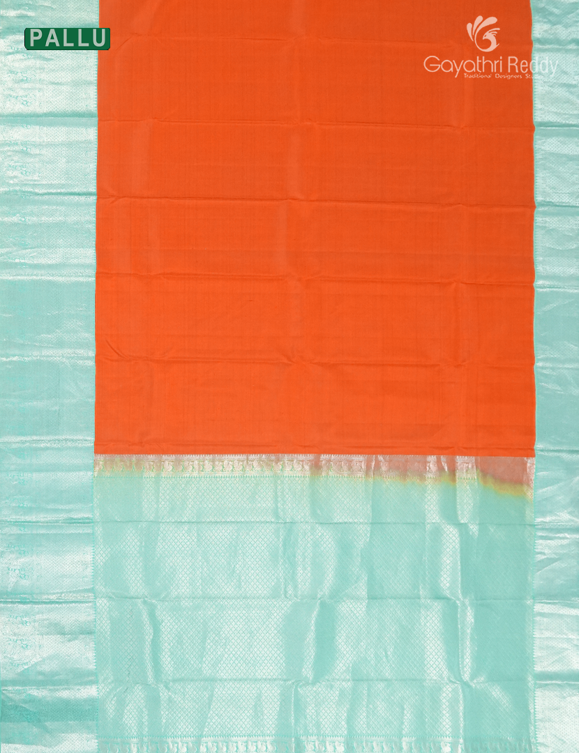 Pure Kanchipuram Vintage Silk Saree in Orange and Pastel Sea Blue