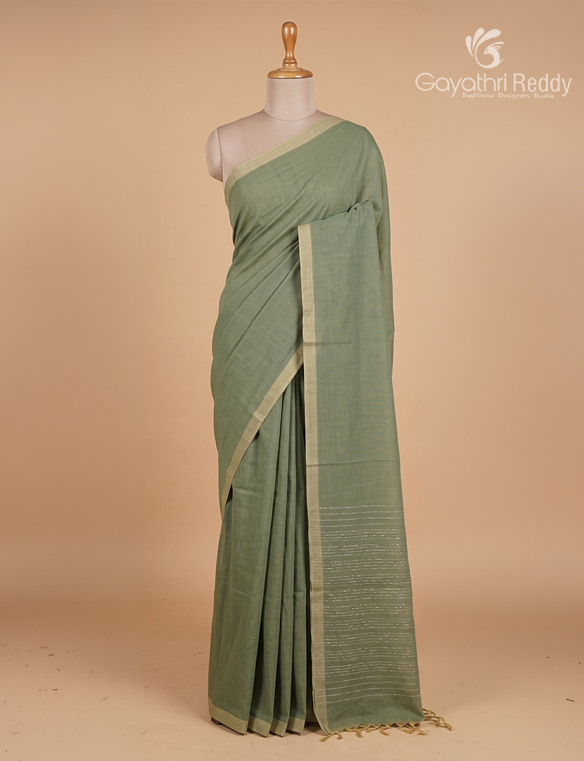 Pure Handloom Cotton Saree in Olive Grey