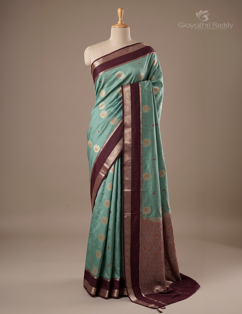 Soft Silk Saree in Mint Green and Brown