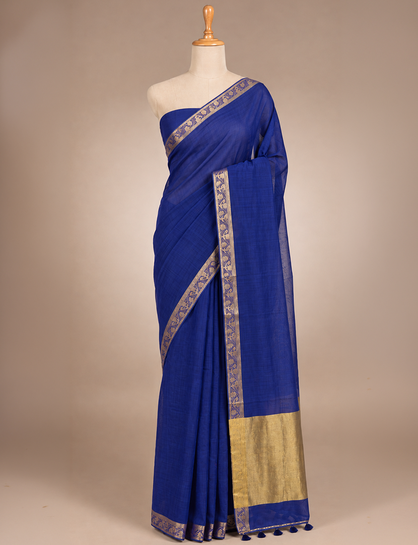 Jamdani Cotton Saree in Deep Ink Blue