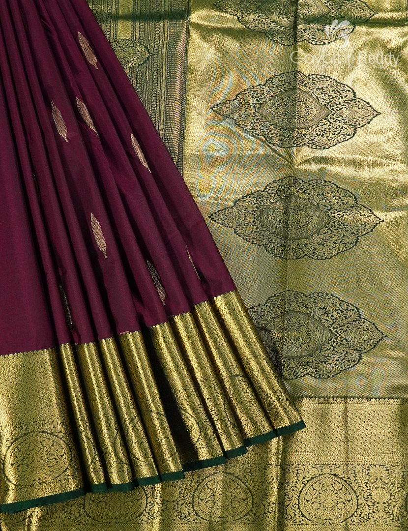 Semi Kanchipuram Silk Saree in Maroon and Bottle Green