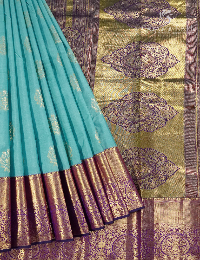 Semi Kanchipuram Silk Saree in Aqua Blue and Purple