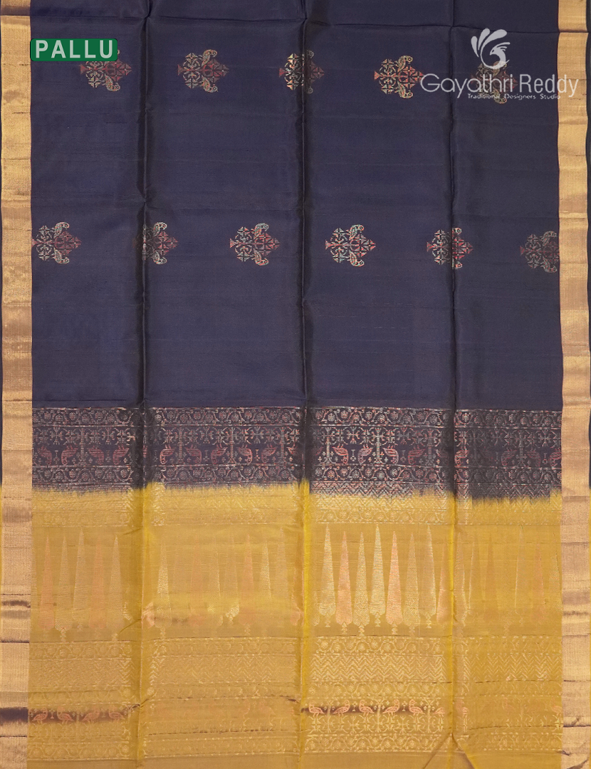 Pure Kanchipuram Soft Silk Saree in Navy Blue and Mustard