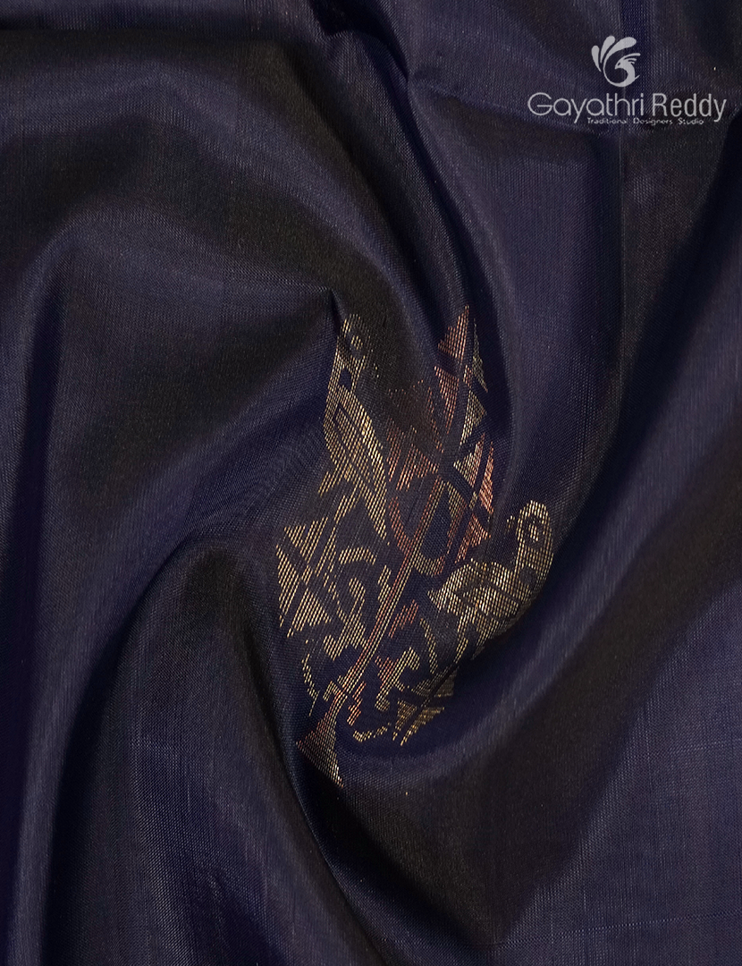 Pure Kanchipuram Soft Silk Saree in Navy Blue and Mustard