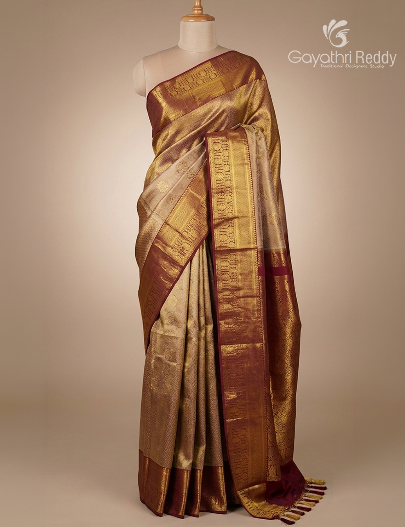 Pure  Kanchipuram Silk Saree in Antique Gold and Maroon ( Brocade Pattern )