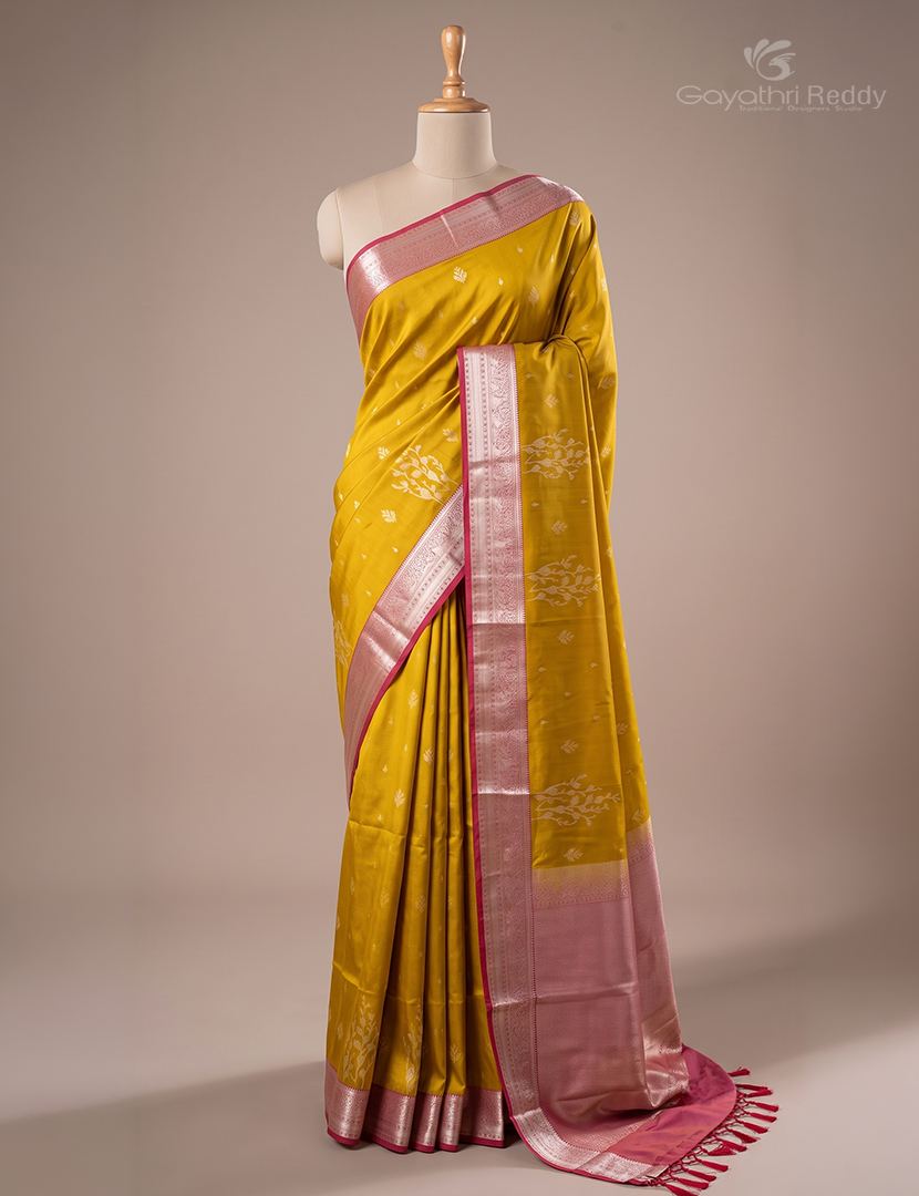 Soft Silk Saree in Mustard and Rani Pink