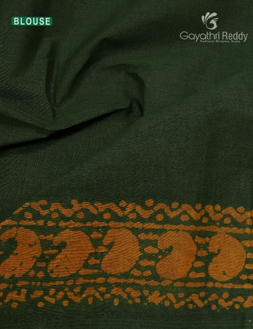 Cotton Batik Print Saree in Mango Green and Mustard