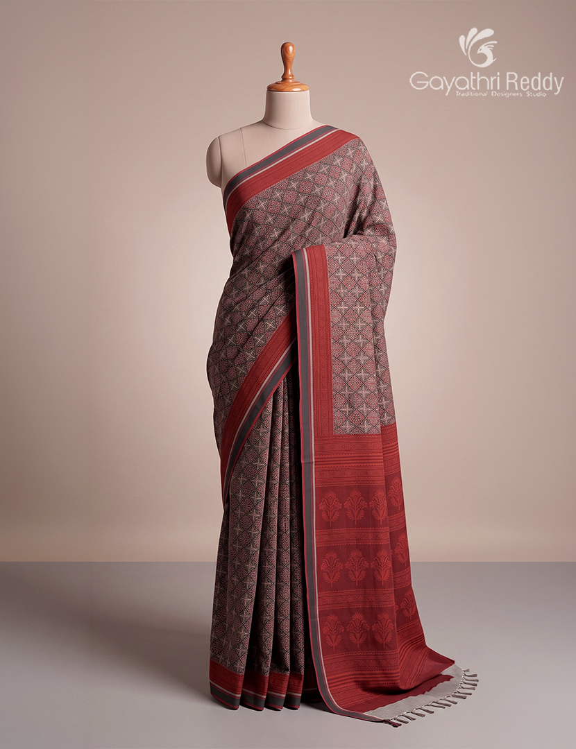 Vidharbha Cotton Saree in Rust Red and Mustard