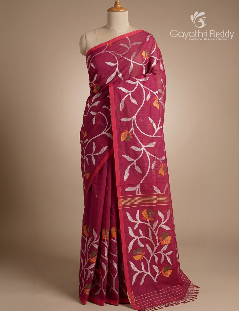 Pure Jamdani Kora Saree in Fuchsia Pink