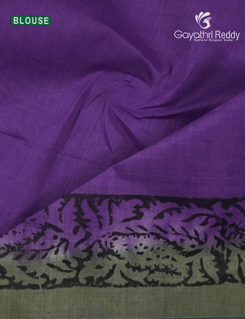 Block Print Cotton Saree in Olive Grey and Purple