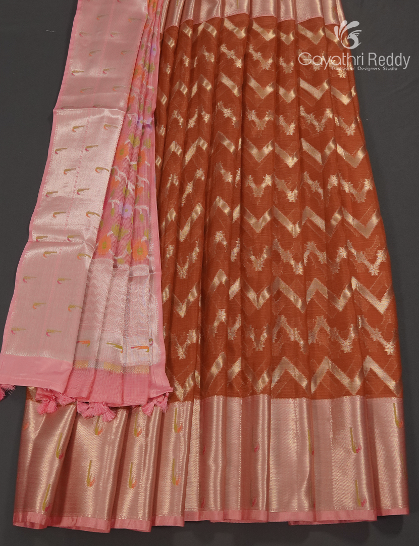 Banaras Kota Lehanga Set in Brown and Peach