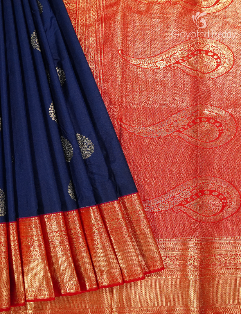 Semi Kanchipuram Silk Saree in Deep Peacock Blue and Cherry Red