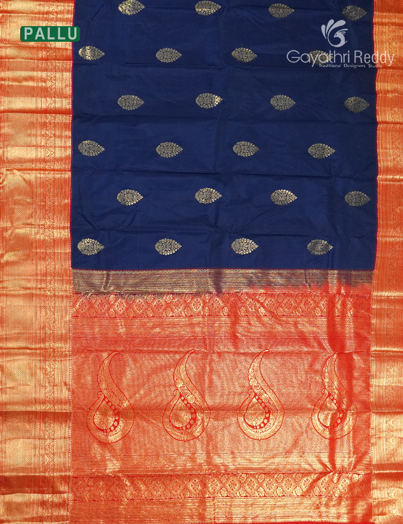 Semi Kanchipuram Silk Saree in Deep Peacock Blue and Cherry Red