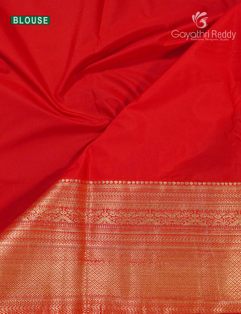 Semi Kanchipuram Silk Saree in Deep Peacock Blue and Cherry Red