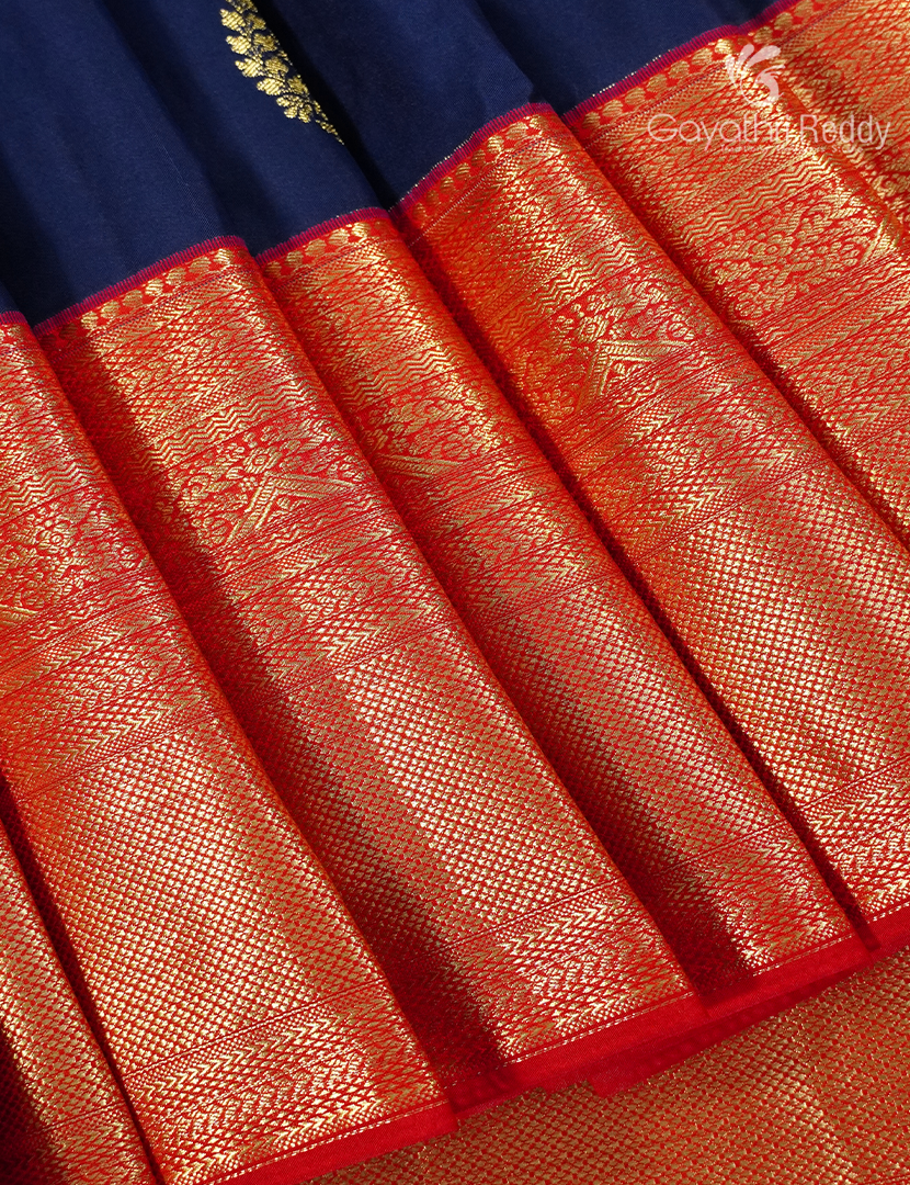 Semi Kanchipuram Silk Saree in Deep Peacock Blue and Cherry Red