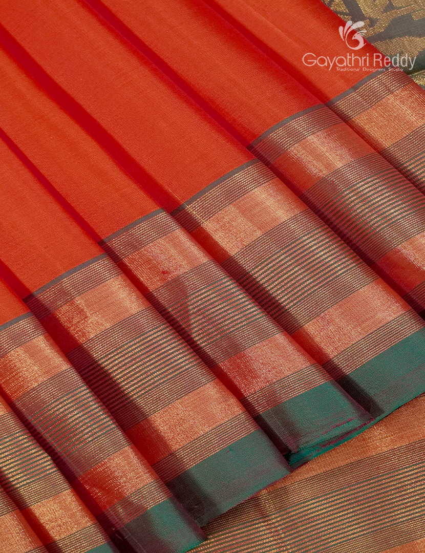 Pure Kanchipuram Soft Silk Saree in Orange and Mehendi Green