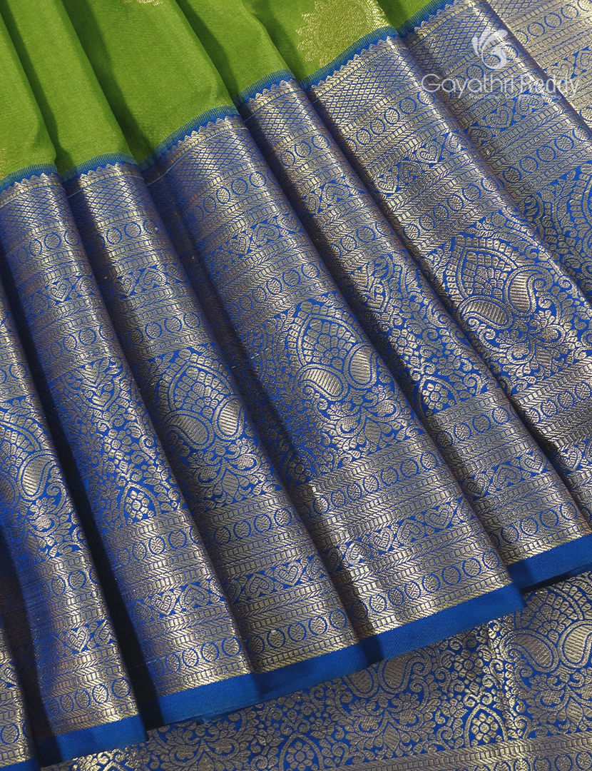Semi Kanchipuram Silk Saree in Parrot Green and Peacock Blue