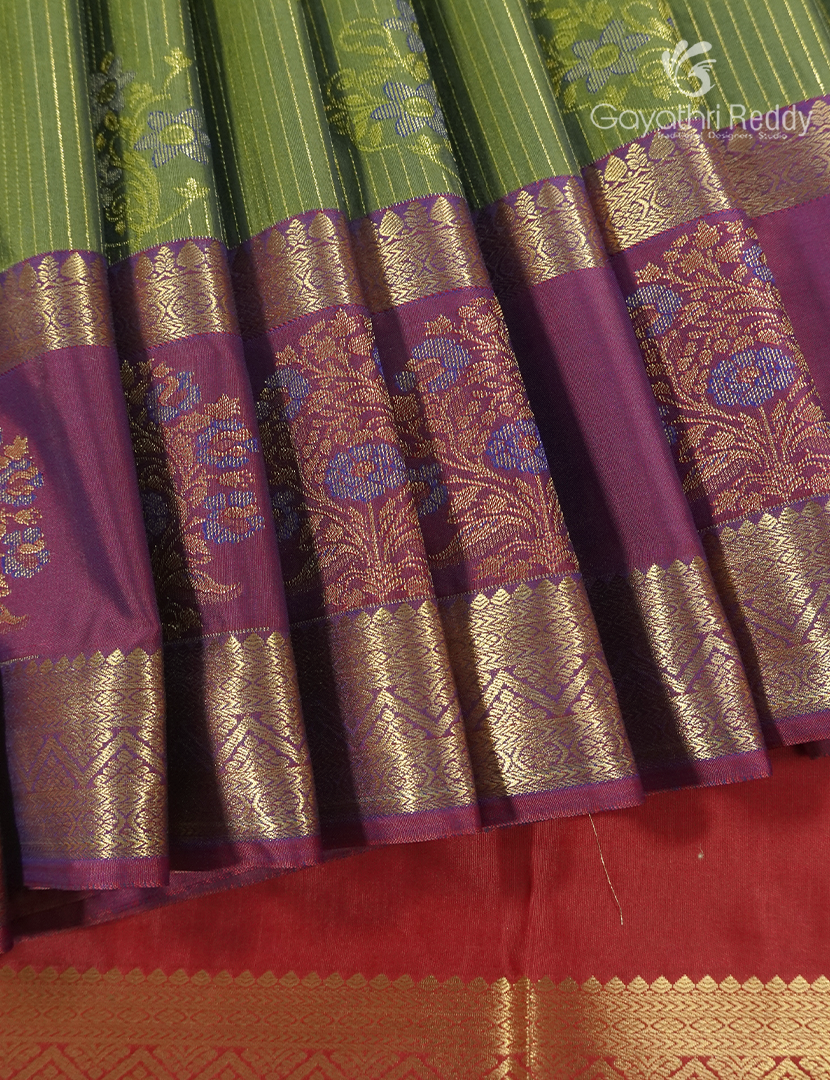 Semi Kanchipuram Silk Saree in Parrot Green and Red