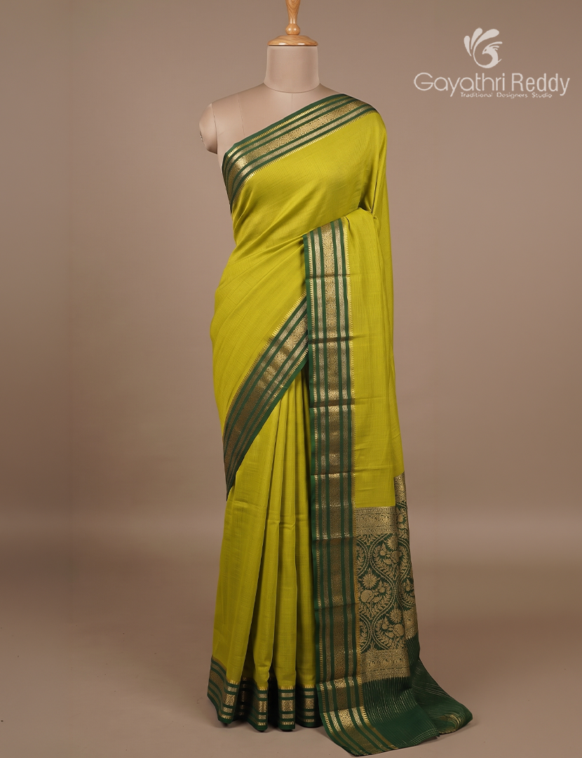 Semi Mysore Crepe Saree in Lime Green and Bottle Green