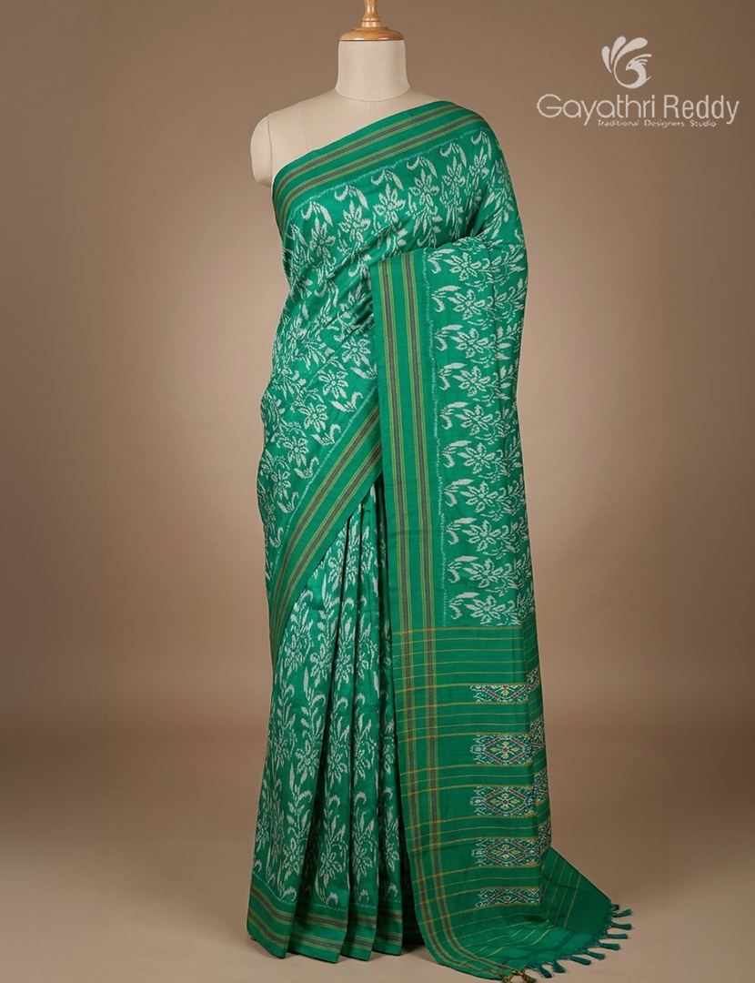 Pure Ikat Silk Saree in Emerald Green