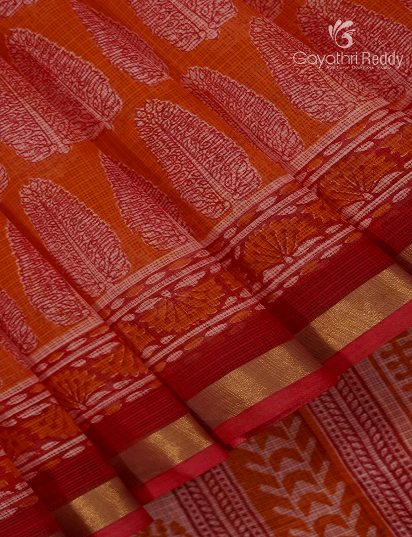 Premium Quality Cotton Kota Saree in Orange and Baby Pink