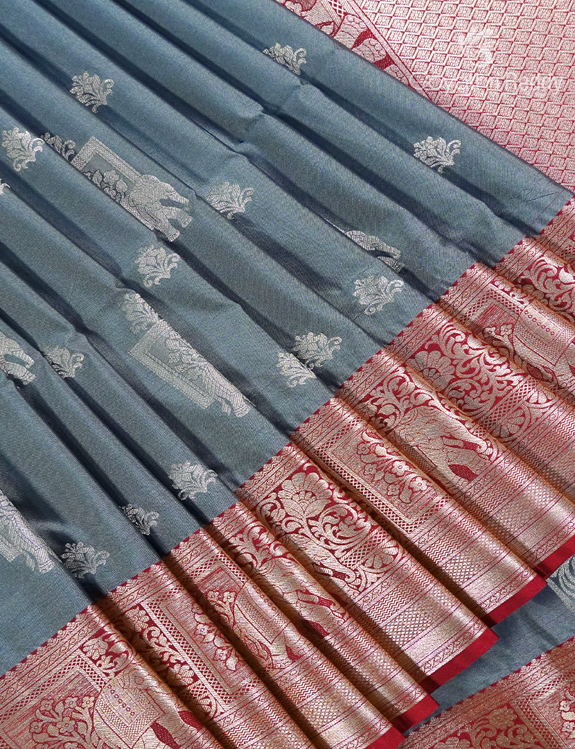 Soft Silk Saree in Grey and Red