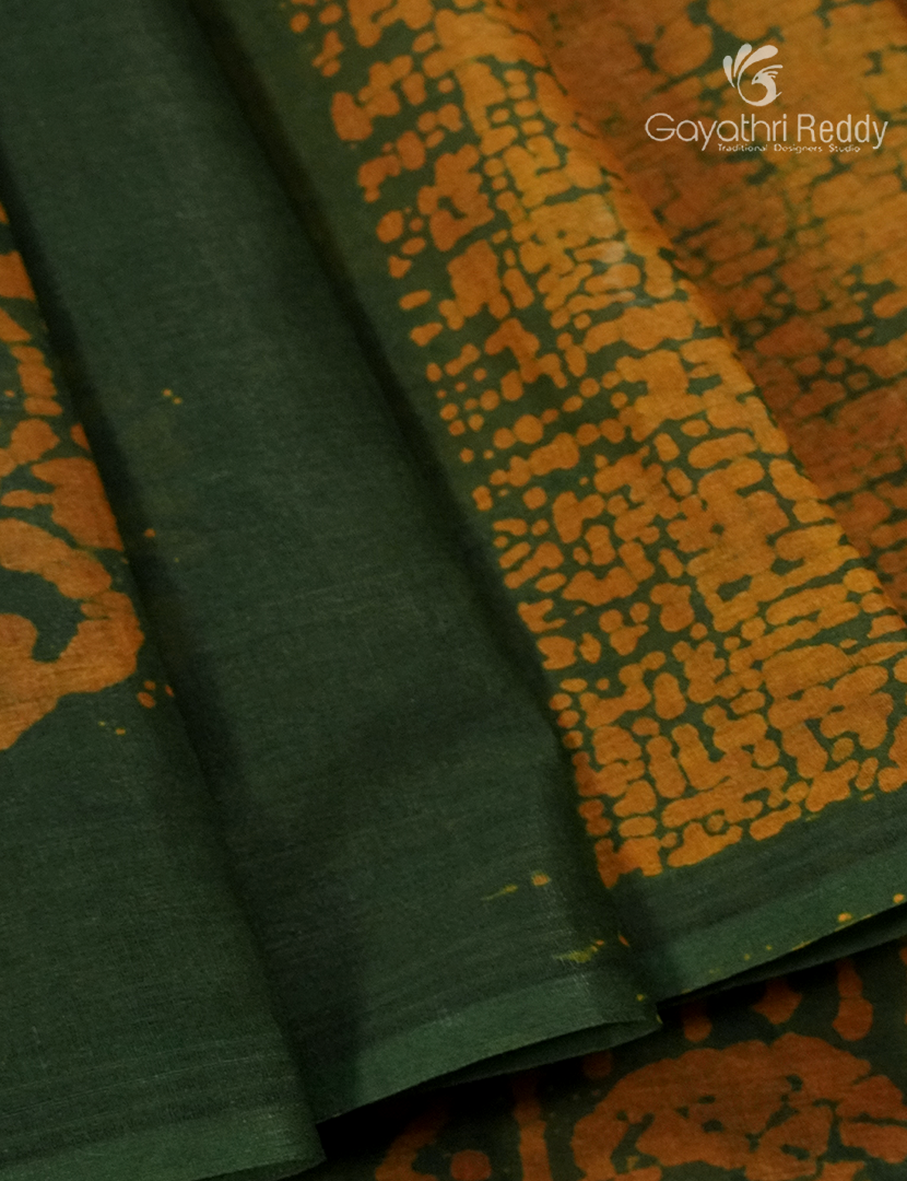 Cotton Batik Print Saree in Mango Green and Mustard