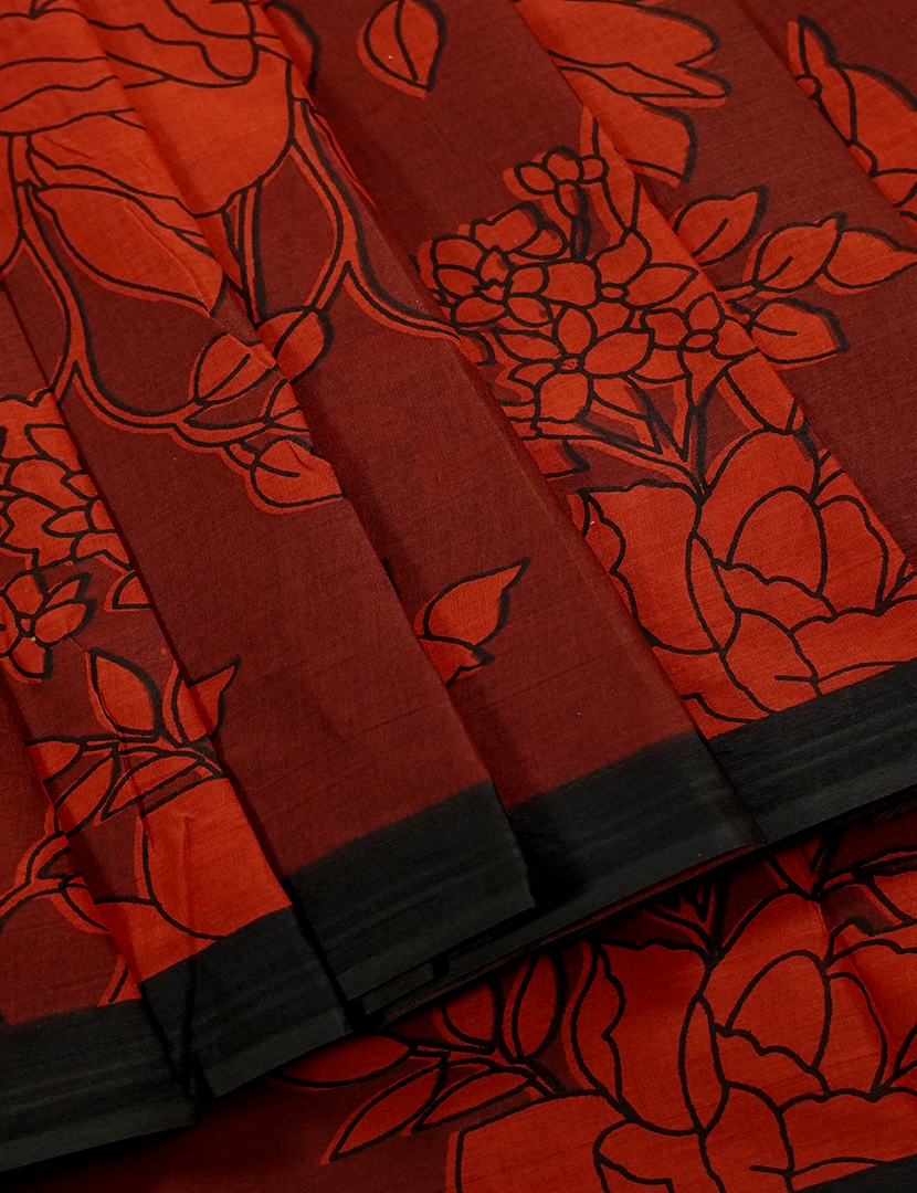 Pure MulMul Cotton Saree in Deep Rust and Black