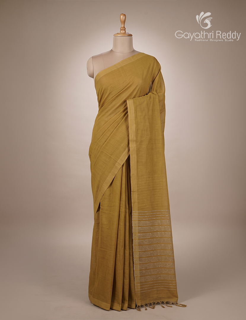 Pure Handloom Cotton Saree in Dry Mehendi