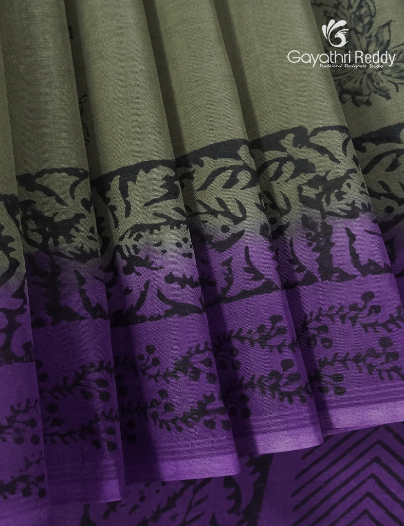Block Print Cotton Saree in Olive Grey and Purple