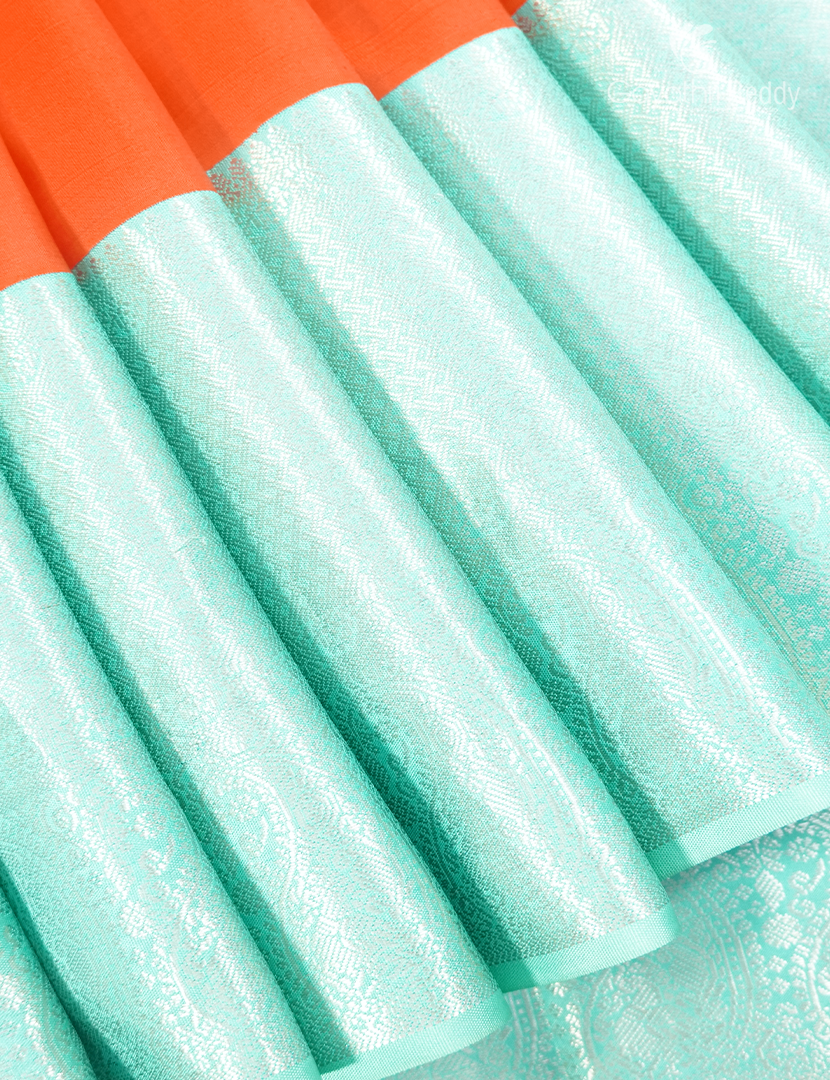 Pure Kanchipuram Vintage Silk Saree in Orange and Pastel Sea Blue